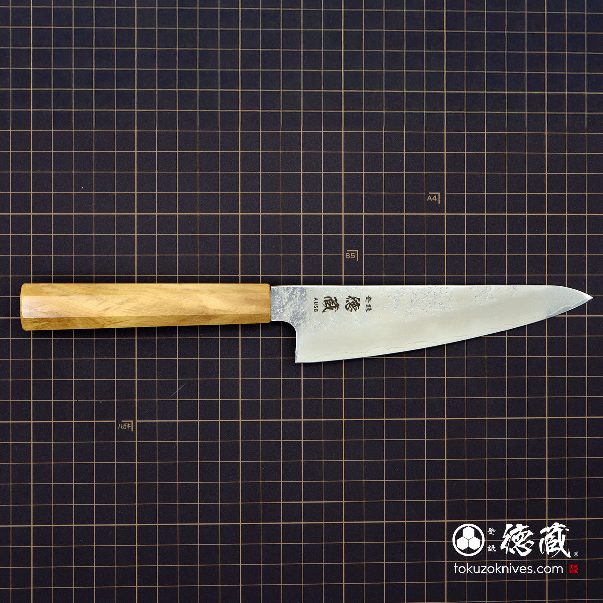 AUS8 SC三徳包丁 150mm 梨地仕上げ オリーブ柄