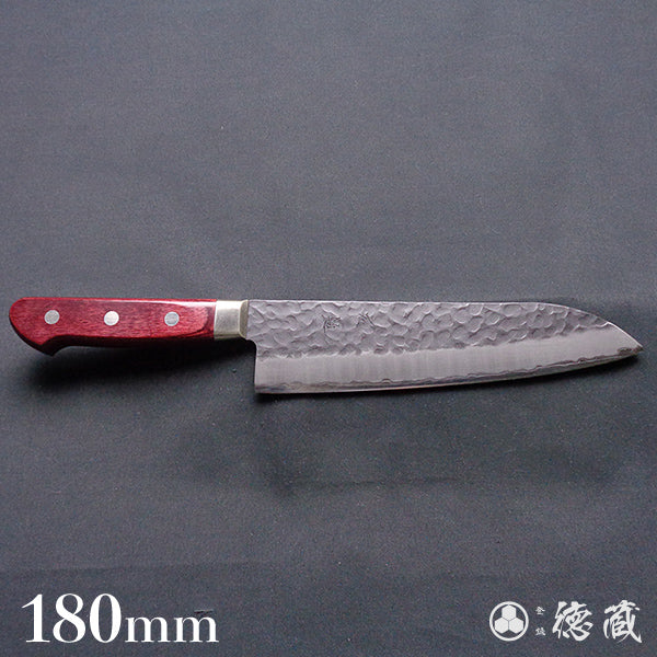青S 黒肌槌目仕上 三徳包丁 赤ハンドル