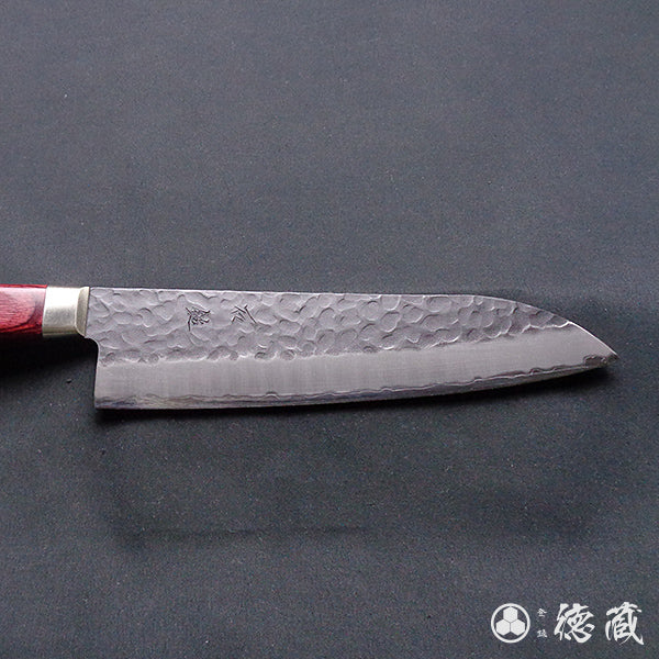 青S 黒肌槌目仕上 三徳包丁 赤ハンドル