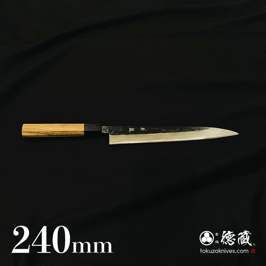 青二　ダマスカス　黒打仕上　筋引包丁　胡桃八角柄