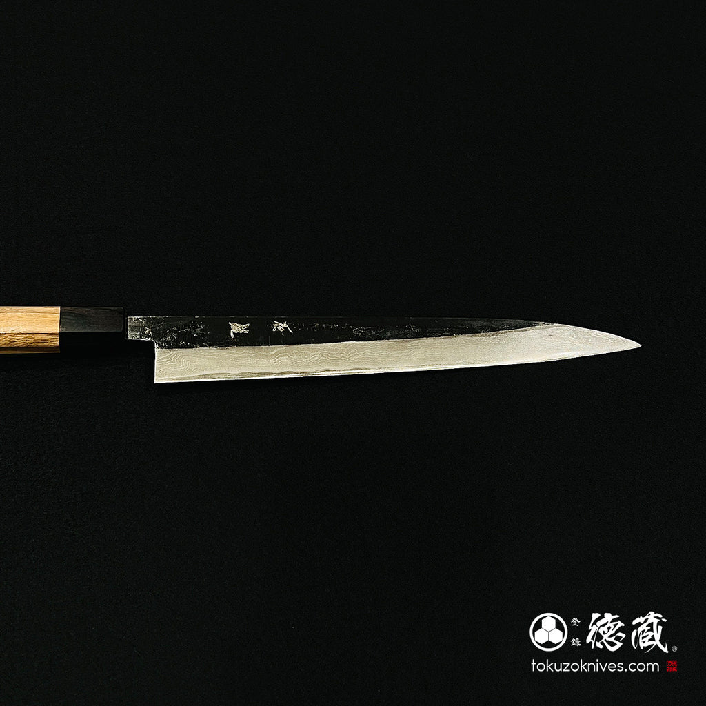 青二　ダマスカス　黒打仕上　筋引包丁　胡桃八角柄