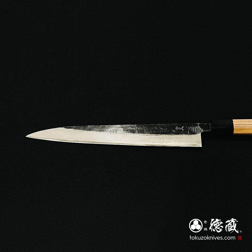 青二　ダマスカス　黒打仕上　筋引包丁　胡桃八角柄