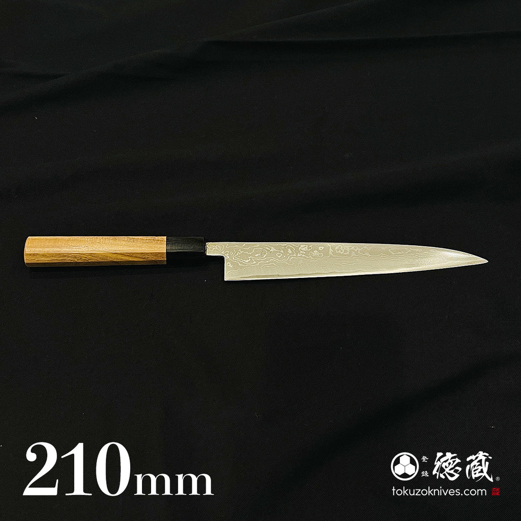 青二　ダマスカス　磨き仕上　筋引包丁　胡桃八角柄