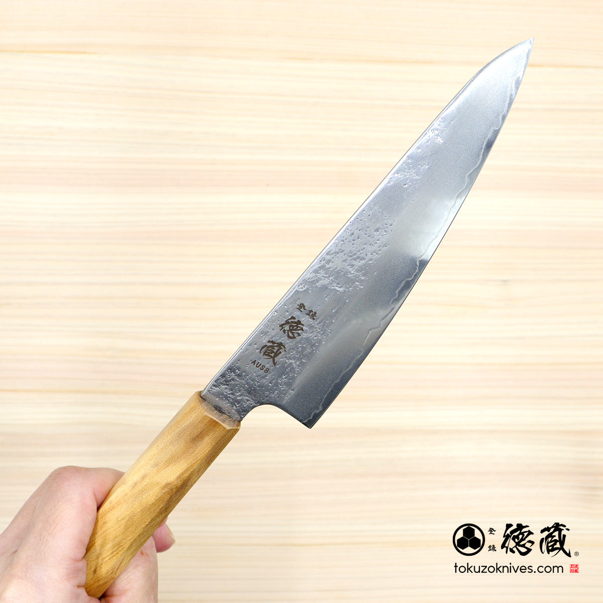 AUS8 SC三徳包丁 150mm 梨地仕上げ オリーブ柄