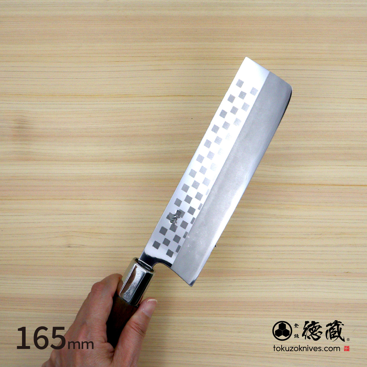 （缺少图片）银三 细方格纹 菜切刀 胡桃木八角柄
