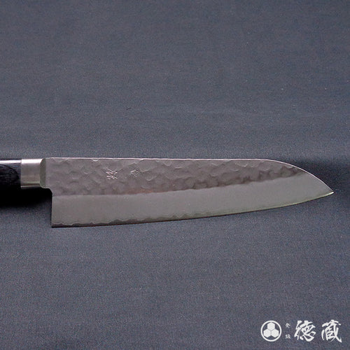 Stainless AUS8 Hammered Finish Santoku Knife Black Handle