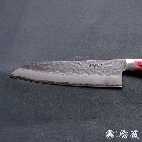 blue super carbon steel   hammered black surface finish   Santoku knife  red handle