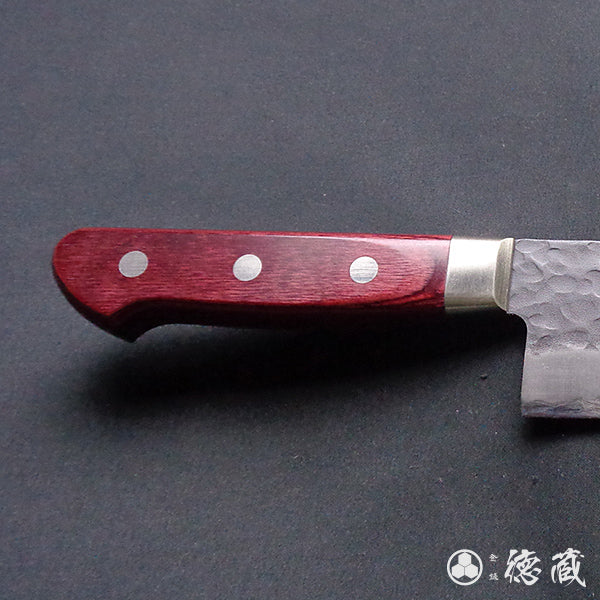 blue super carbon steel   hammered black surface finish   Santoku knife  red handle